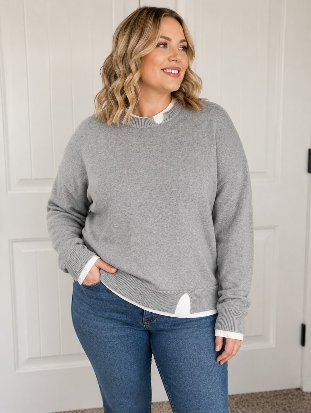 Women's Gray Crewneck Sweater - Layered Hem Detail